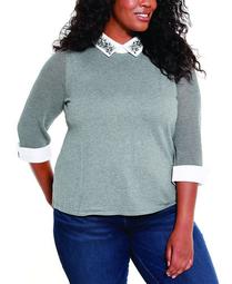 Plus Size Rhinestone Collared Pullover Sweater