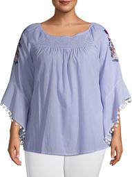 Studio West Women's Plus Size Embroidered Flutter Sleeve Top With Pom Pom Detail