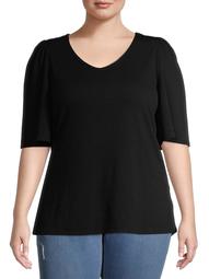 New York Laundry Women's Plus Size Elbow Sleeve V-Neck Ribbed Top