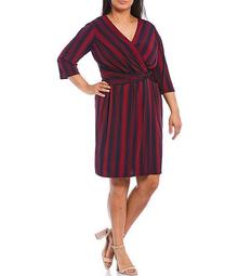 Plus Size Striped Matte Jersey Faux Wrap 3/4 Sleeve Sheath Dress