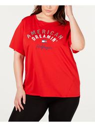 TOMMY HILFIGER Womens Red Printed Short Sleeve Crew Neck T-Shirt Top  Size 1X