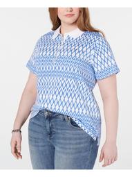 TOMMY HILFIGER Womens Blue Printed Short Sleeve Henley Top  Size 2X