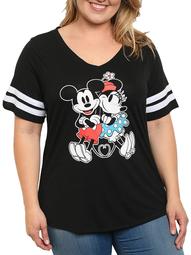 Disney Mickey & Minnie Mouse V-Neck T-Shirt Black (Women's Plus) (Size 1X)