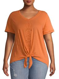 French Laundry Women's Plus Size Short Sleeve Tie-Front Embroidered V-Neck T-Shirt