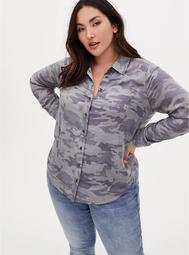 Camo Brushed Button Front Relaxed Fit Shirt