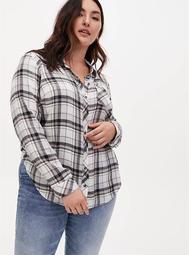 Grey Plaid Brushed Button Front Relaxed Fit Shirt