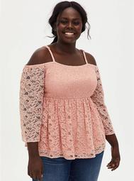 Peach Lace Bell Cold Shoulder Smocked Babydoll Top
