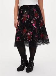 Black Floral Premium Ponte Lace Midi Skirt