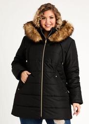 Quilted Faux Fur Trim Hooded Coat