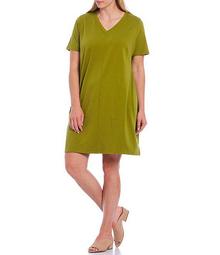 Plus Size Organic Cotton Stretch Jersey V-Neck Short Sleeve Knee Length Dress
