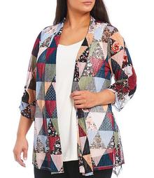 Plus Size Patchwork Print Shawl Collar Cinched Sleeve Onion Skin Open Front Jacket
