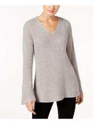 CALVIN KLEIN Womens Silver Flare-sleeve V Neck Sweater Plus  Size: M