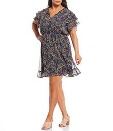 Plus Size Bree Floral Print V-Neck Flutter Sleeve Chiffon Dress