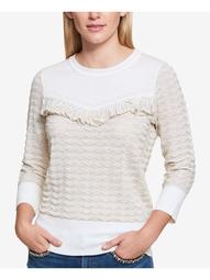 TOMMY HILFIGER Womens Beige Fringed Long Sleeve Crew Neck Sweater  Size L