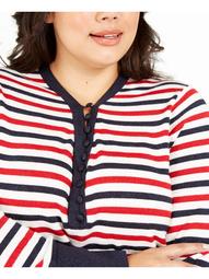 TOMMY HILFIGER Womens White Glitter Striped Long Sleeve V Neck Sweater  Size 1X