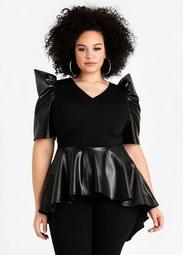 Faux Leather Panel Knit Peplum Top