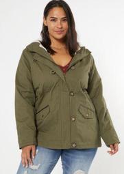 Plus Olive Toggle Sherpa Faux Fur Hood Anorak Coat