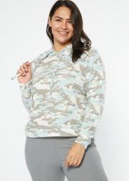 Plus Blue Camo Butterfly Print Ribbed Knit Hoodie
