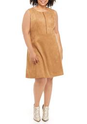 Plus Size Sleeveless Faux Suede Zip Front Fit-and-Flare Dress