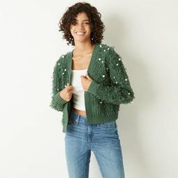 Mighty Fine Women's Holiday Loop and Pearl Cardigan Sweater - Green |