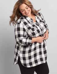 Checkered Button-Front Tunic Top