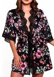 Plus Size Front Tie Satin Print Robe with Lace