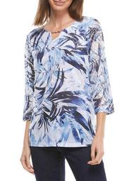 Plus Size Classics 3/4 Sleeve Tropical Leaves Printed Top