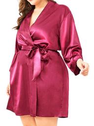 Newonne Women's Plus Size Long Sleeve Imitation Silk Bow Tied Solid Color Nightgown Pajamas