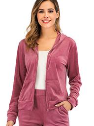 LELINTA Women's High-Neck Ultra Soft Velvet Solid Full-Zip Hoodie Jacket--(Only Top)
