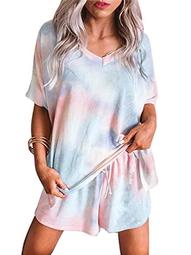S-5XL Pajamas Set Short Sleeve Sleepwear Women Gradient Color Nightwear Soft Pj Lounge Sets 2Pcs Summer V Neck T Shirt & Drawstring Waist Shorts
