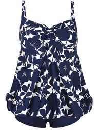 Plus Size Curvy Blue Floral Print Tie Back Cinch Fashion Swimsuit Tankini Set