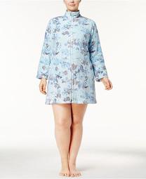 Miss Elaine Women's Plus Size Fleece Floral-Print Short Robe Blue Size Extra Large