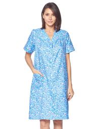 Women's Snap front House Dress Short Sleeve Woven Duster Housecoat Lounger Robe, Floral Blue, 3X-Large