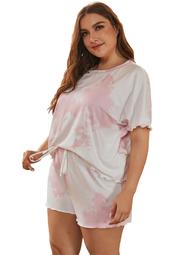 Ever-Pretty Women's Cute Tie Dye Printed Tops and Shorts Pajamas Set Short Sleeve Plus Size Sleepwear Pjs Sets Summer Nightwear 11763 Pink Small