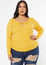 Plus Mustard Striped Tie Front Ribbed Knit Top