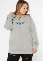 Plus Gray Butterfly Embroidered Boyfriend Hoodie