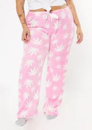 Plus Pink Weed Print Plush Sleep Pants