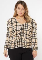 Plus Tan Plaid Puff Sleeve Ruched Top