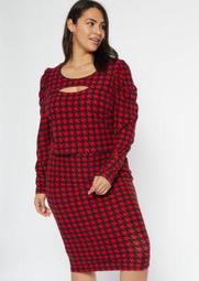 Plus Red Houndstooth Cutout Puff Sleeve Matching Set