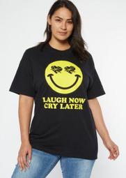 Plus Black Cry Later Smiley Face Graphic Tee