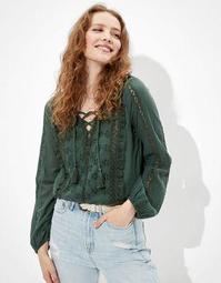 AE Embroidered Lace Up Blouse