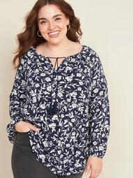 Printed Tie-Neck Plus-Size Swing Blouse