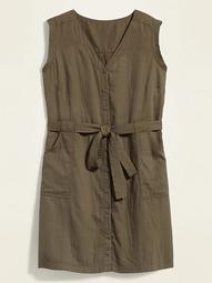 Button-Front No-Peek Tie-Belt Plus-Size Sleeveless Utility Dress 