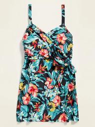 Floral Wrap-Front Secret-Slim Plus-Size Swim Dress