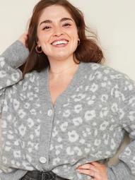 Leopard-Print V-Neck Plus-Size Button-Front Cardigan Sweater