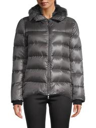 Down-Filled Puffer Hooded Leather-Trim & Faux Fur Jacket