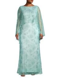 Plus Embroidered Lace Cape Gown