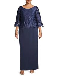 Plus Floral Lace-Top Peplum Gown