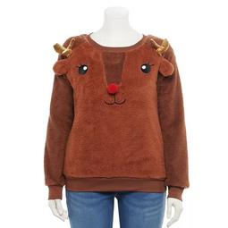 Juniors' Plus Size Rudolph Face Sherpa Christmas Sweater