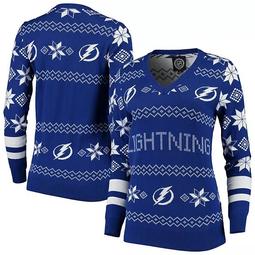 Women's Blue Tampa Bay Lightning Wordmark V-Neck Ugly Sweater